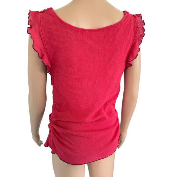 Free People Red Sheer Knit Cowl Neck Ruffle Sleeve Top Y2K Style Boho Romantic M - Picture 5 of 8